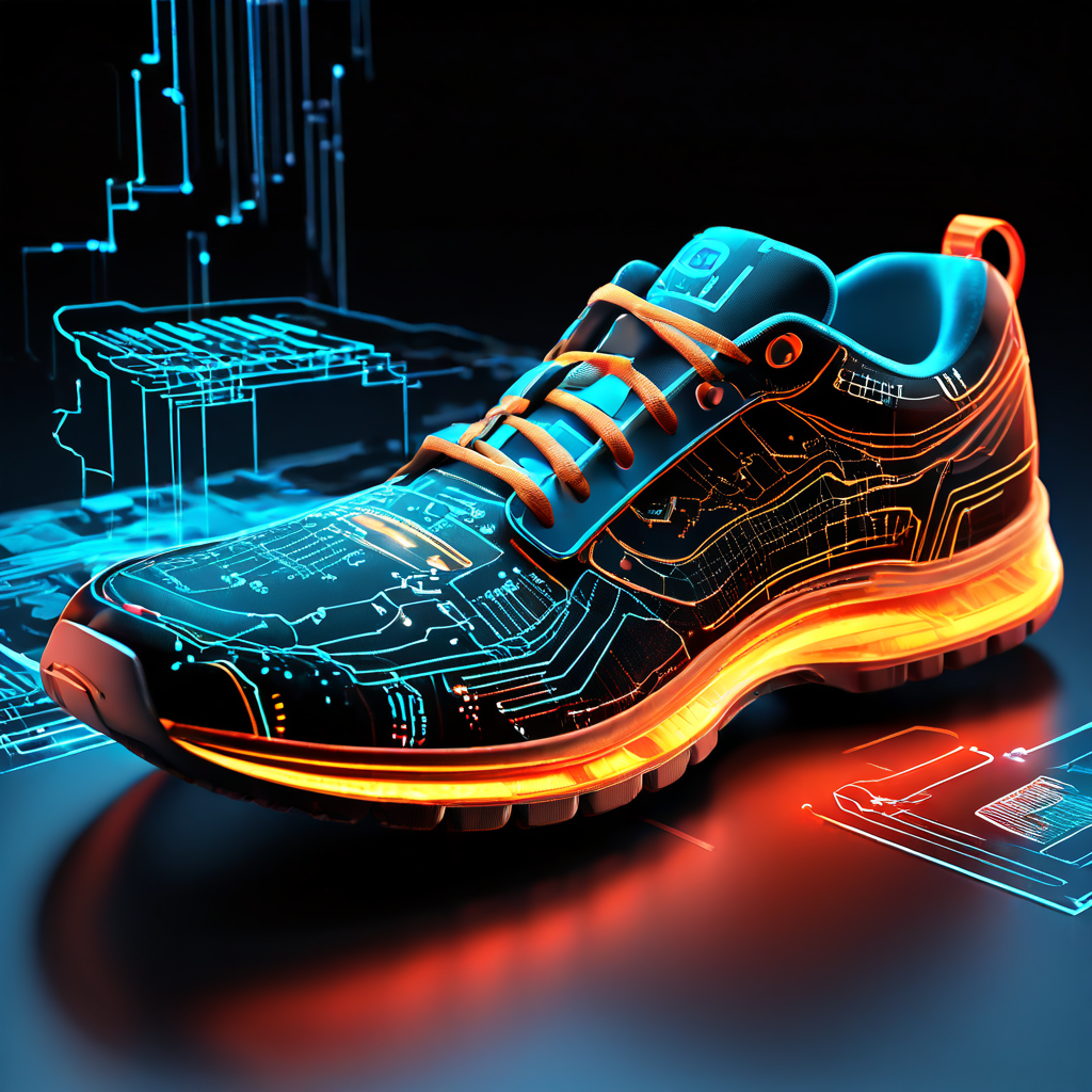 신발 밑창에 부착된 압력 센서가 실시간 디지털 데이터 스트림과 오차 범위 퍼센트를 시각화하여 측정 정확도를 보여주는 이미지입니다.