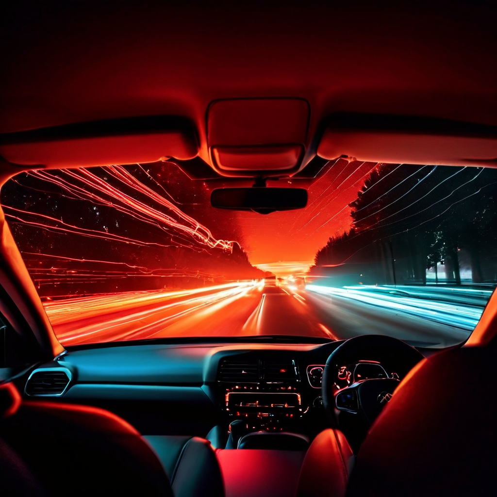 차량 실내의 은은한 조명이 운전자의 시야를 가리는 빛줄기와 함께 과학적 도식으로 표현된 모습이다.