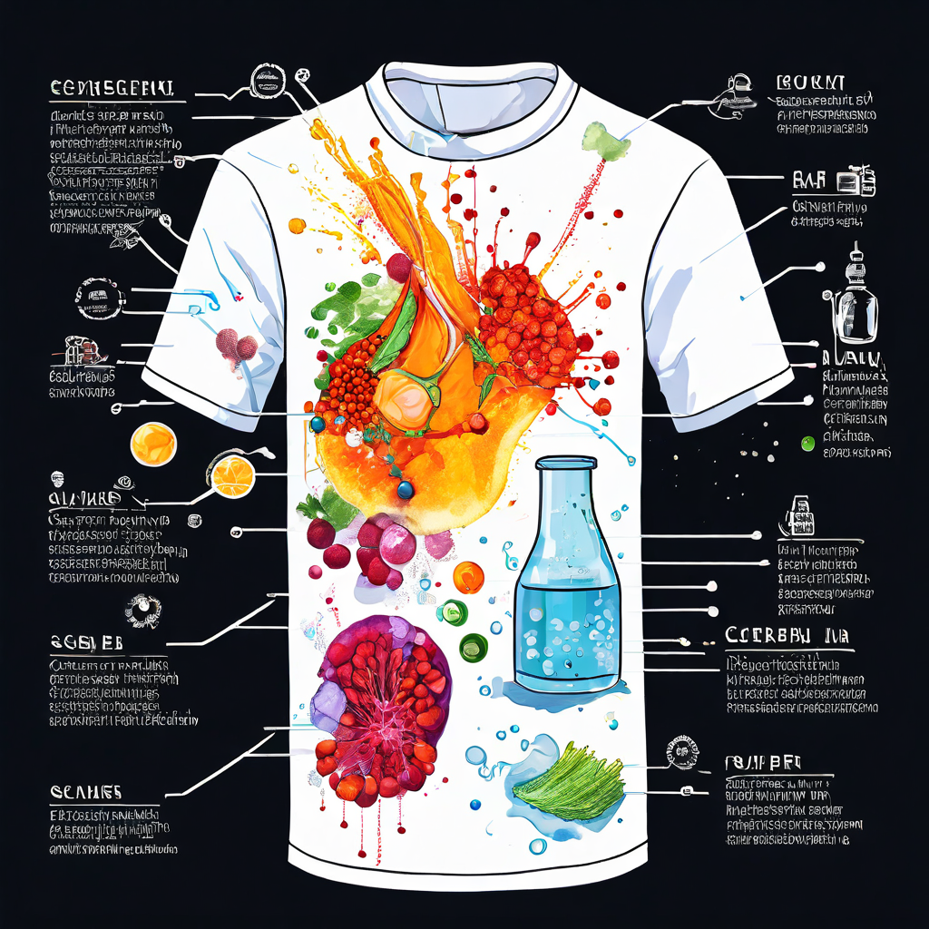 김치 국물 얼룩 제거 원리를 과학적으로 설명하는 다이어그램으로, 얼룩 분자 구조와 세제 성분이 이를 분해하는 과정을 확대하여 보여줍니다.