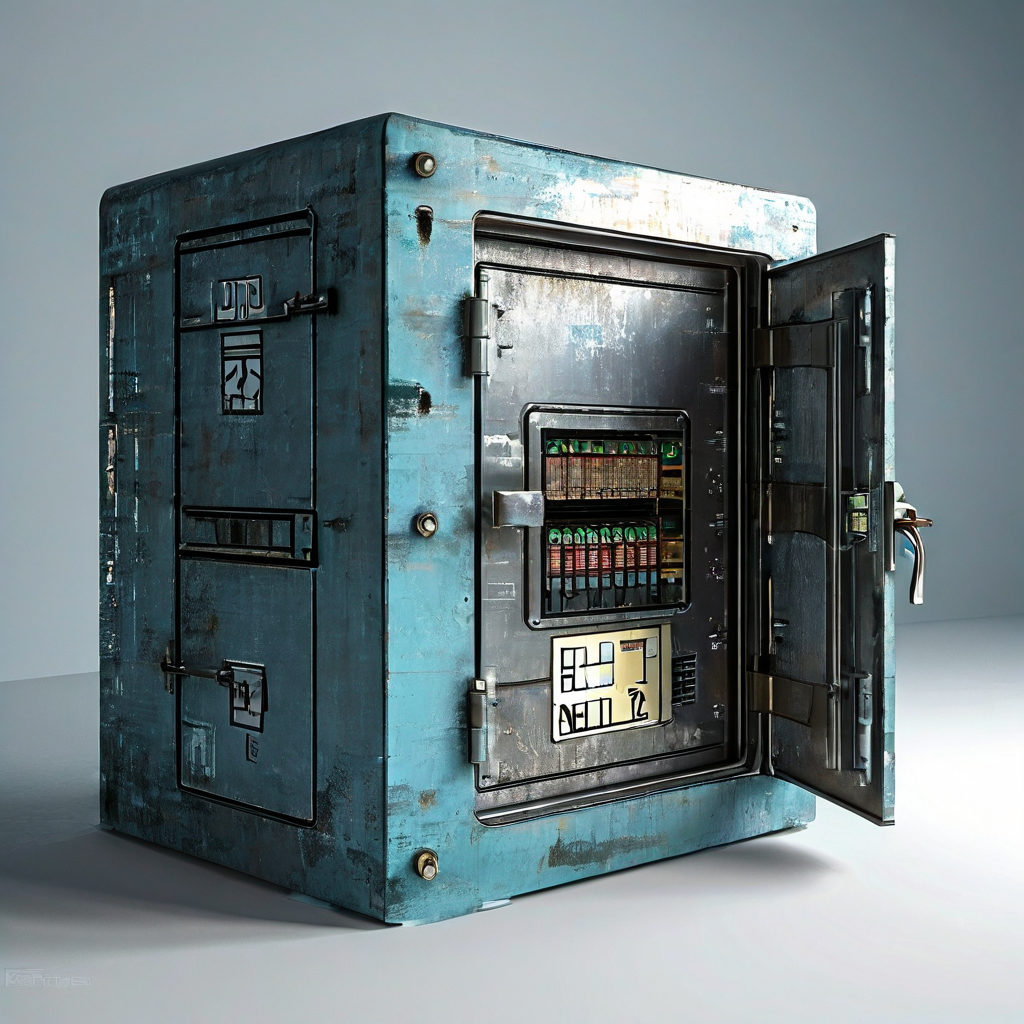 두 개의 문이 있는 디지털 금고로, 하나는 파쇄기로 통하는 삭제 문이고 다른 하나는 잠긴 안전한 금고로 통하는 비밀 문입니다.