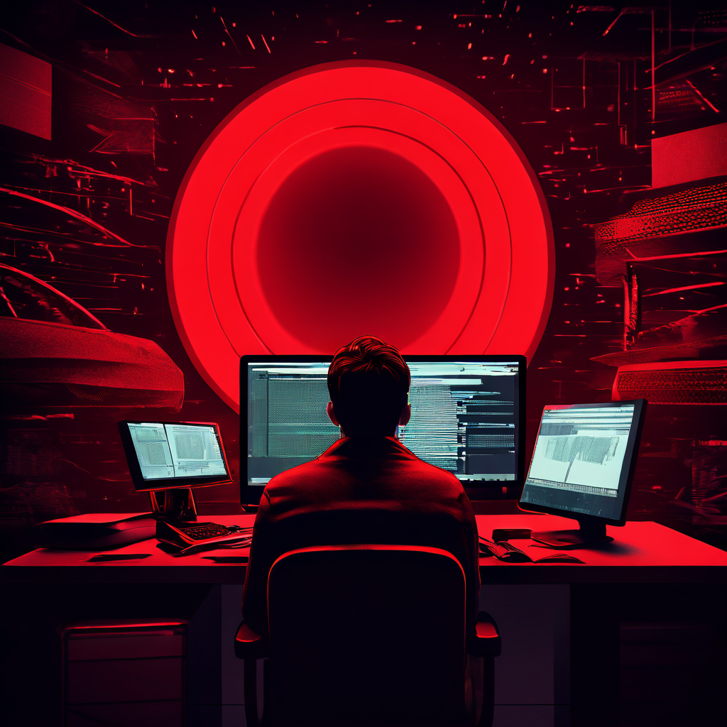 검은색 컴퓨터 앞에 앉아 파일을 백업하는 사람과 배경의 위협적인 빨간 삭제 버튼이 대비되는 모습이다.