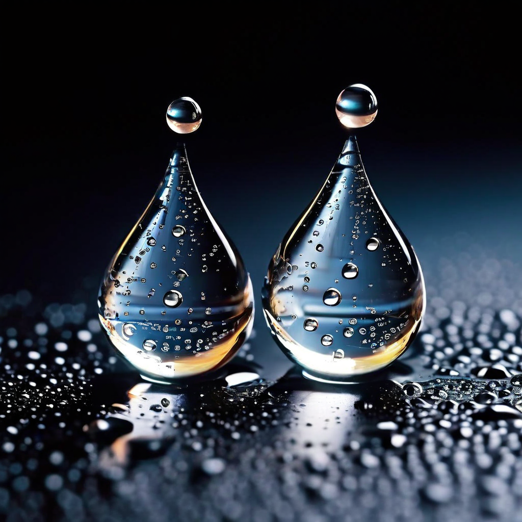 소수성 표면에서는 물방울이 공 모양으로 맺혀 있고 친수성 표면에서는 물방울이 넓게 퍼져 있는 모습을 나란히 비교하여 보여주는 이미지입니다.